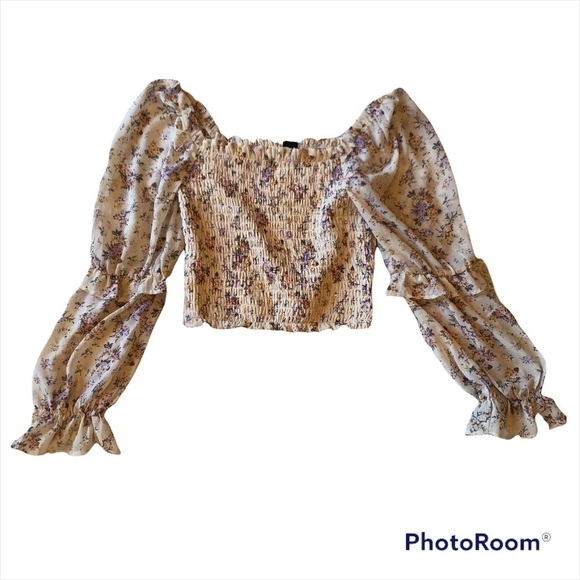 Wild Fable cream floral Off the shoulder sheer sleeve crop top size small - Picture 1 of 5